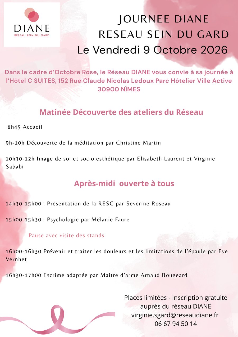 Affiche Journée Diane — Réseau Sein du Gard, vendredi 9 octobre 2026, Hôtel C Suites, Nîmes : programme et informations d'inscription